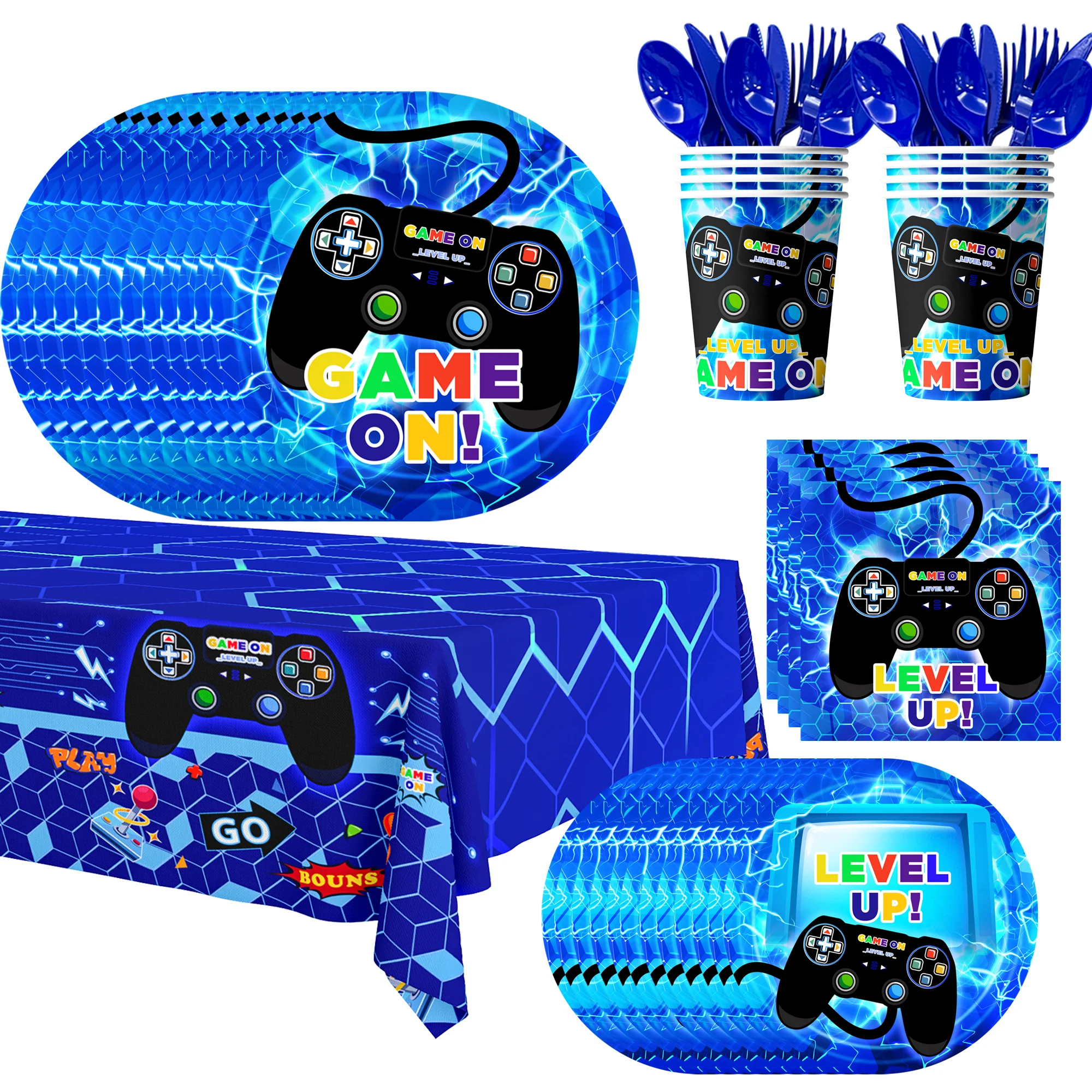 Gamer Birthday Decorations Blue, 113pcs Gaming Party Tableware Set - Game Themed Party Plate Cups Napkins Tablecloth etc