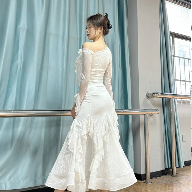 볼룸 댄스 경연 대회 드레스 여성 레이스 오블리크 숄더 탑 스커트 왈츠 댄스 의상 댄스 파티 클럽 볼룸 댄스 드레스 14632