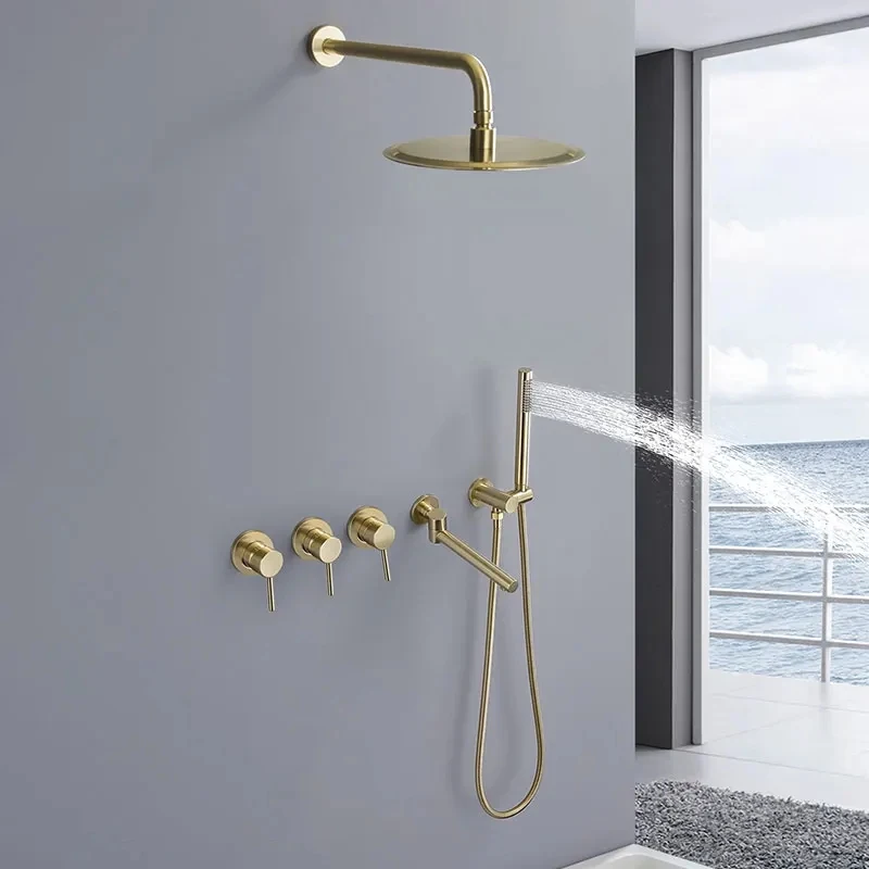 Keran Mandi Kamar Mandi Mandi Kuningan Disikat Kepala Emas Set Pengalih Keran Mixer Panas dan Dingin Lengan Terpasang Di Dinding Kombo Mewah