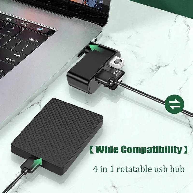 4 In 1 Rotatable USB Hub,Laptop Hub, Portable 180 Degrees Rotate USB Hub, USB Hub Docking Station (Black+White)