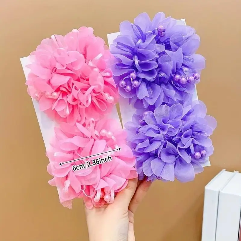 Children Flower Hair Ties Cartoon Flower Pattern 2Pcs Elastic Hair Bands for Girls Talent Show Daily Ponytail Styling