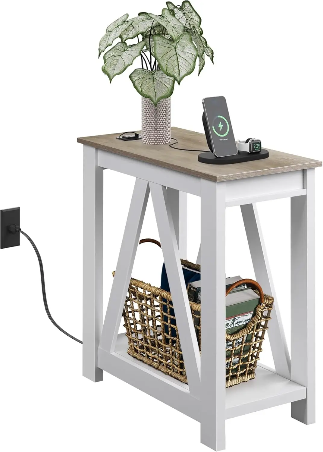 

Farmhouse End Table, Narrow Side Table with Charging Station, Slim End Table, Side Table for Bedroom, Small Space Power Outlets