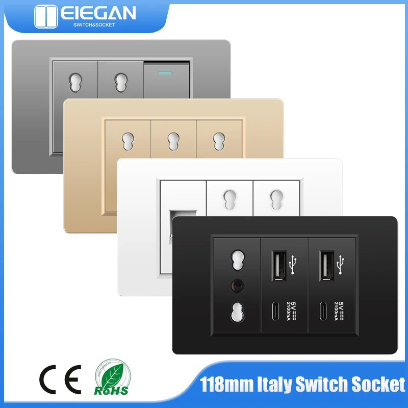 Elegan 118*72mm PC-Panel EU Brasilien Italien Steckdose mit USB Typ C Ladeans chluss Kombination DC 5V 2.4a Ladegerät Steckdose