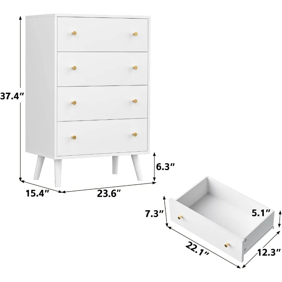 خزانة ملابس بيضاء حديثة بمقابض ذهبية لغرفة النوم، خزانة ذات أدراج ذات 4 أدراج مثالية لتخزين غرفة النوم وتنظيم أنيق #2