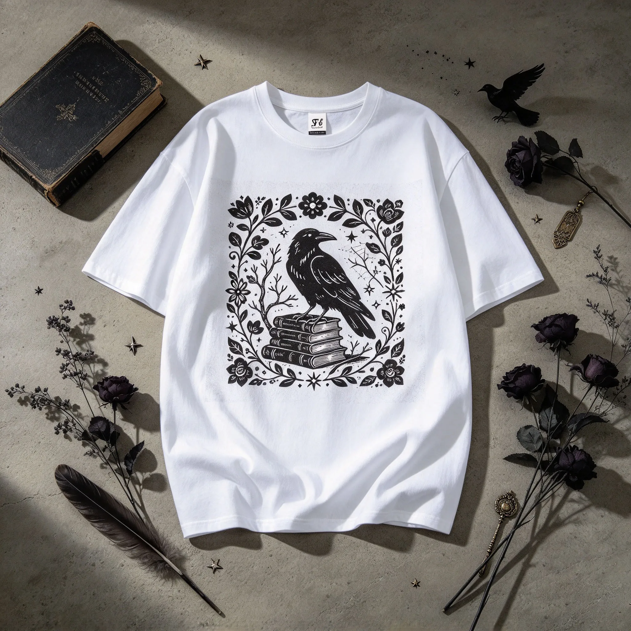 Unisex Vintage Crow On Stacked Books Floral Wreath Graphic T Shirt Dark Academia Casual Short Sleeve Tee