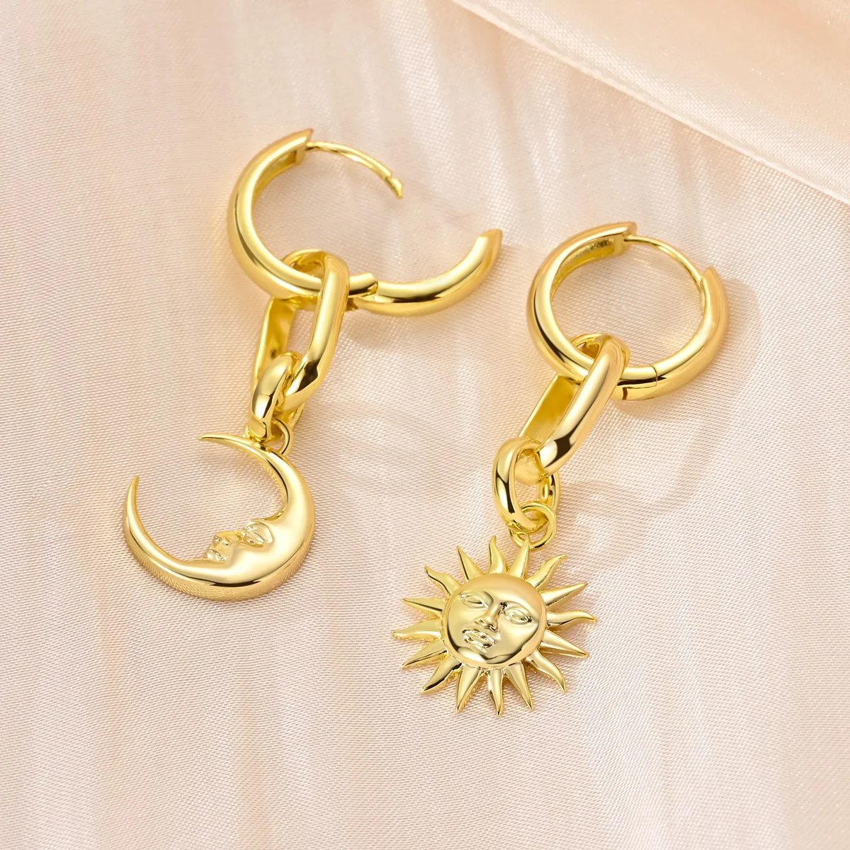 

925 Sterling Silver Earring Gold Color Sun Moon Asymmetrical Drop Earring For Woman Fine Jewelry Gift