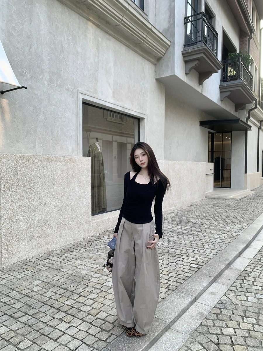 

Американские женские брюки с высокой талией и широкими штанинами, весна 2026, повседневные, свободные, стройнящие, с двойными складками, силуэт «нож»