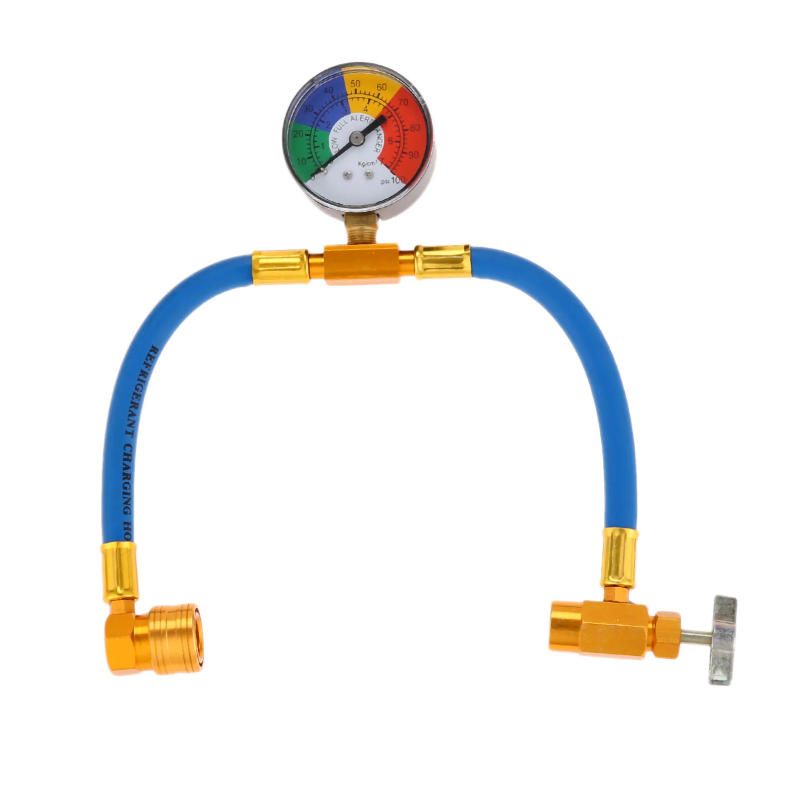 R134A AC Refrigerant Charge Hose 1/2” Acme Can Opener Tap Dispensing Piercing Valve and Recharge Hose with 100psi Pressure Gauge