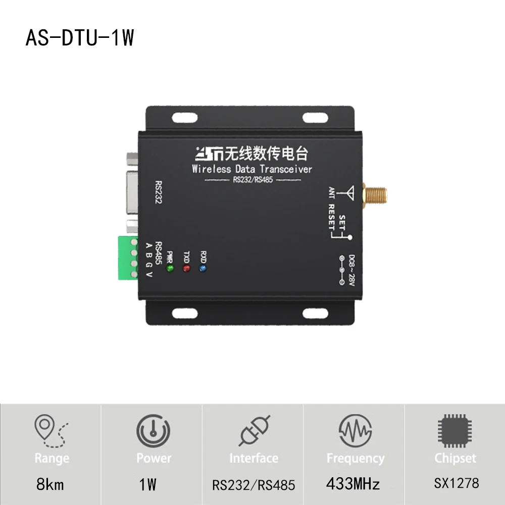 

AS32-DTU-1W Wireless RF Transceiver LoRa RS232 RS485 433MHz 1W Long Range 8km Modbus PLC Transmitter Receiver Radio Modem