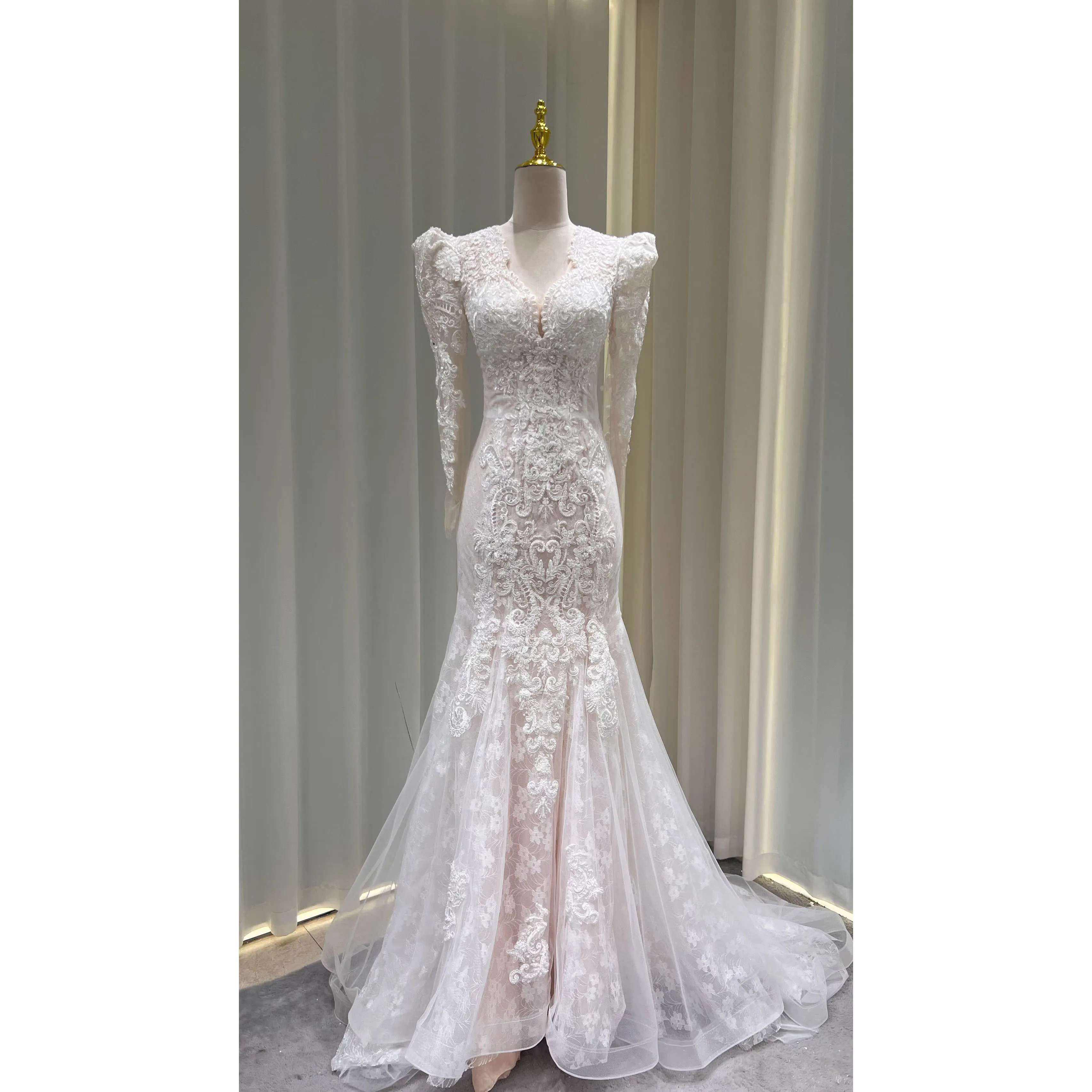 Fancy Lace Wedding Dress Long Sleeves Lace Champagne with Ivory Bridal Gowns Court Train Lace with Tulle L&P DQL Studio