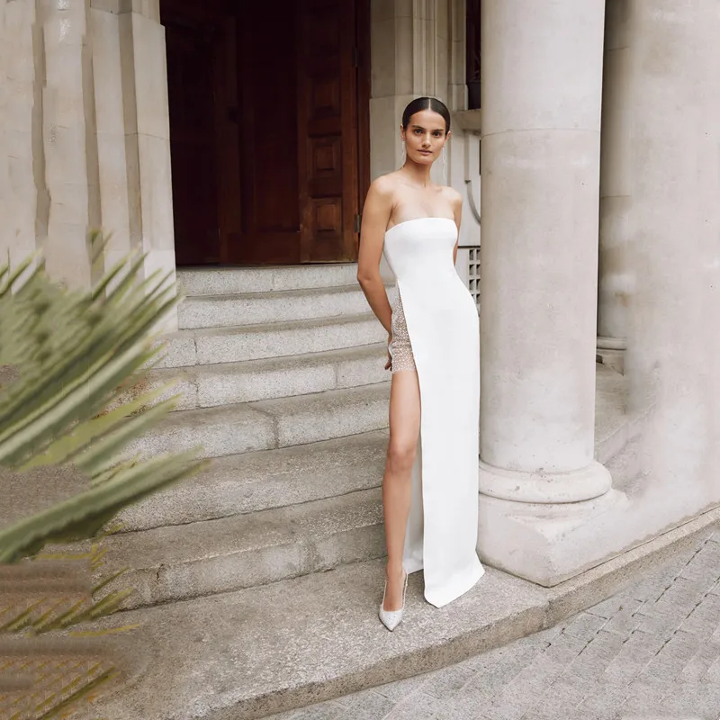 

Customized Simple Mermaid Ivory Strapless Wedding Dress Sexy Backless Sleeveless Pleat Polka Dot High Side Slit Bridal Gown 2025