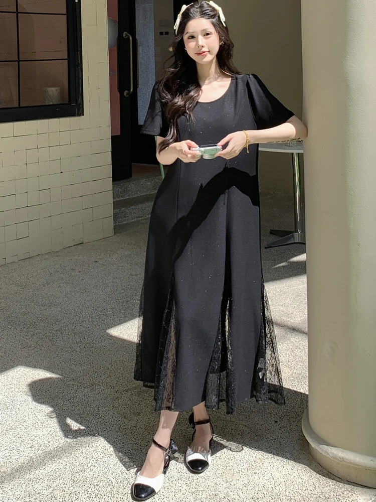 NYFS فستان صيفي 2025 كوريا نمط المرأة فضفاضة حجم كبير كم قصير المرقعة الدانتيل تنحنح فستان طويل رداء Elbise