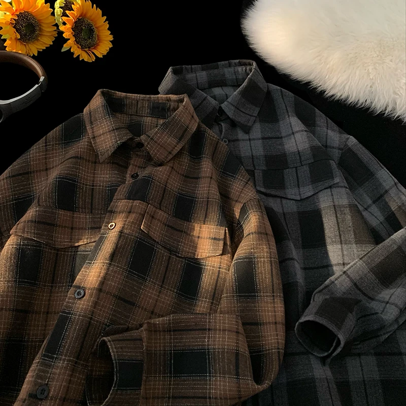 

Мужская модная верхняя одежда свободного кроя в клетку с длинным рукавом, на пуговицах, с воротником, повседневная, молодежная, для весны и осени