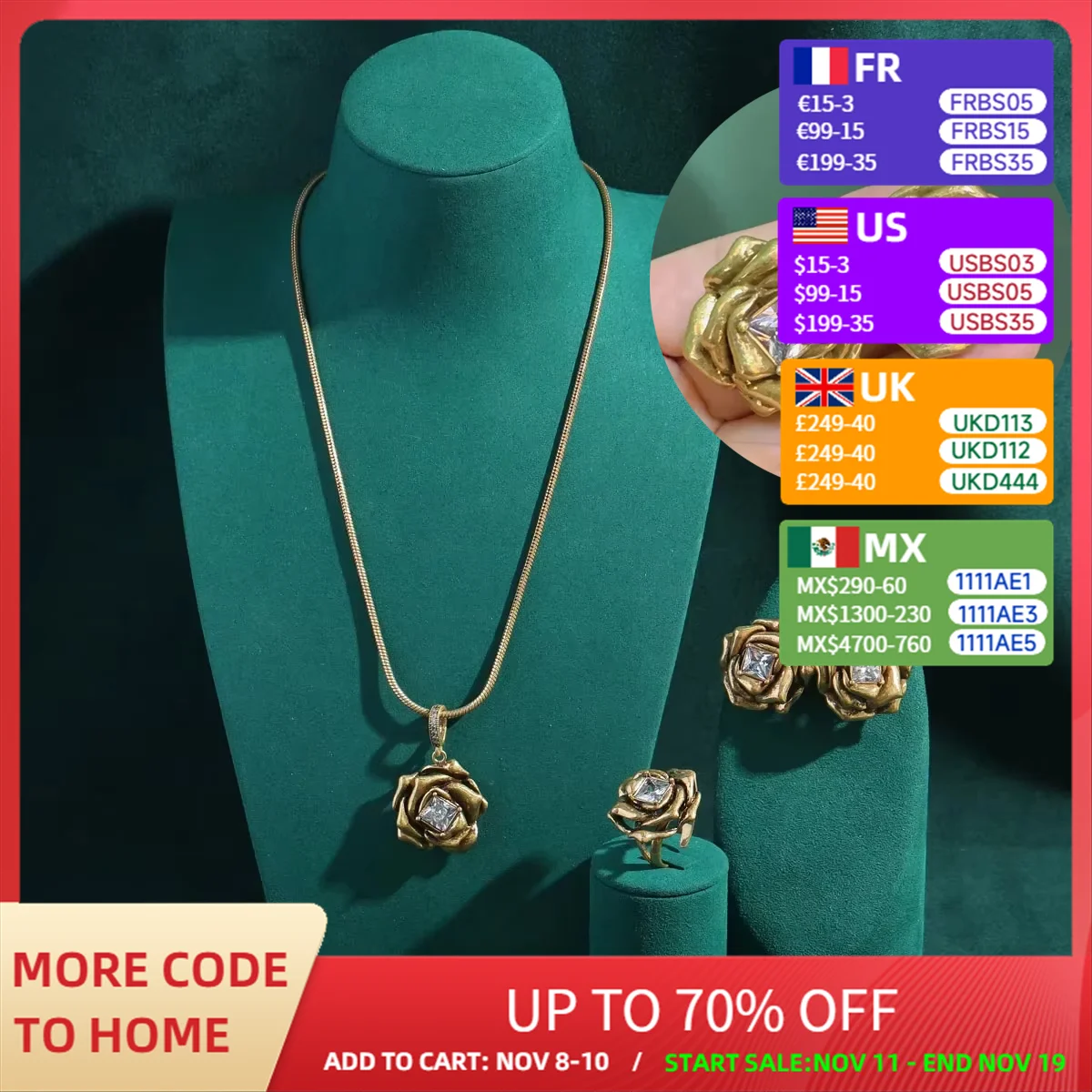 

2024 Romantic French Vintage Jewelry Sets Copper Rose Flower Pendant Necklace Square Cubic Zircon Snake Chain Women Accessories
