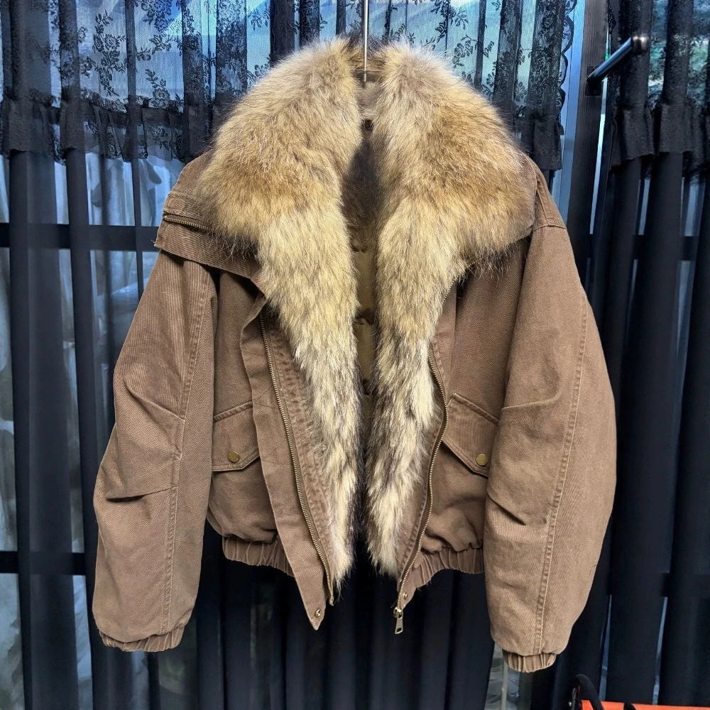 Women's Oversize Short Puffer Jacket with Goose Down New Outerwear with Real Fur Ultra Warm Transitional Season Zipper Closure