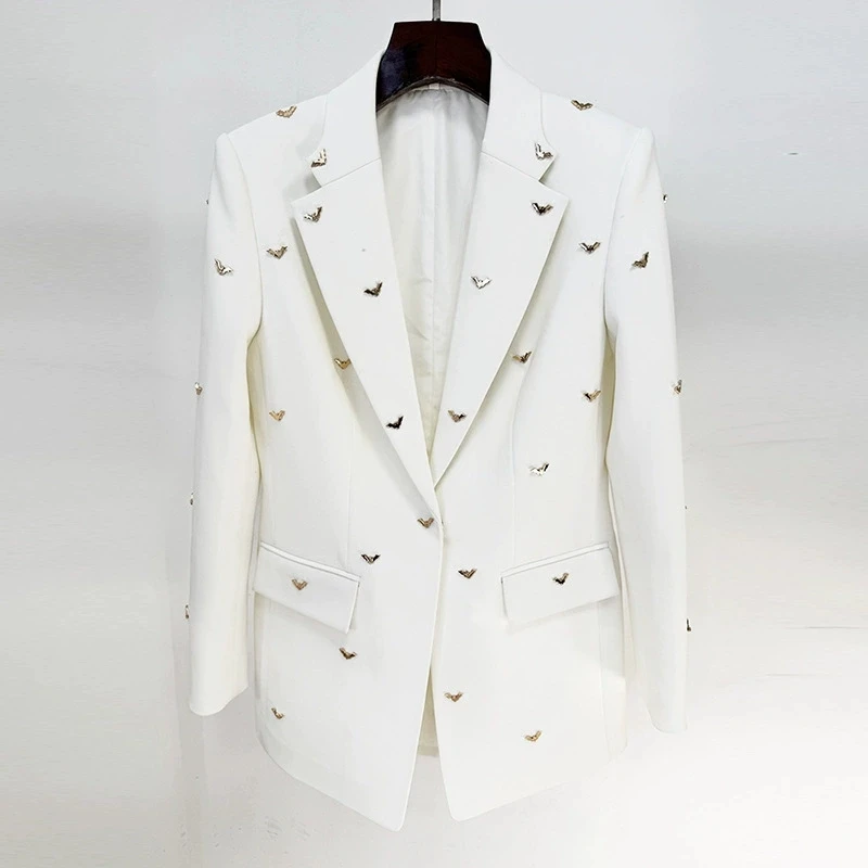 Spring New Fashionable Temperament Commuting Bat Nail Bead Slim Fit Mid To Long Length Long Sleeved Suit Jacket Jacket