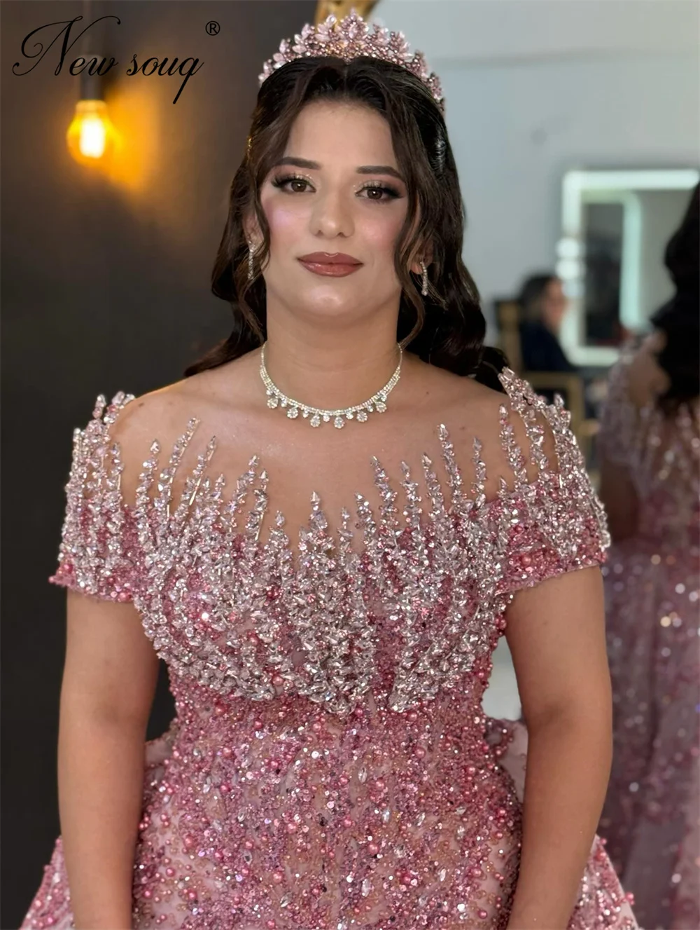 Saudi Arabic Pink Beading Evening Dresses Elegant Off Shoulder Prom Dress Customized Crystals Bridal Party Gowns With Overskirt