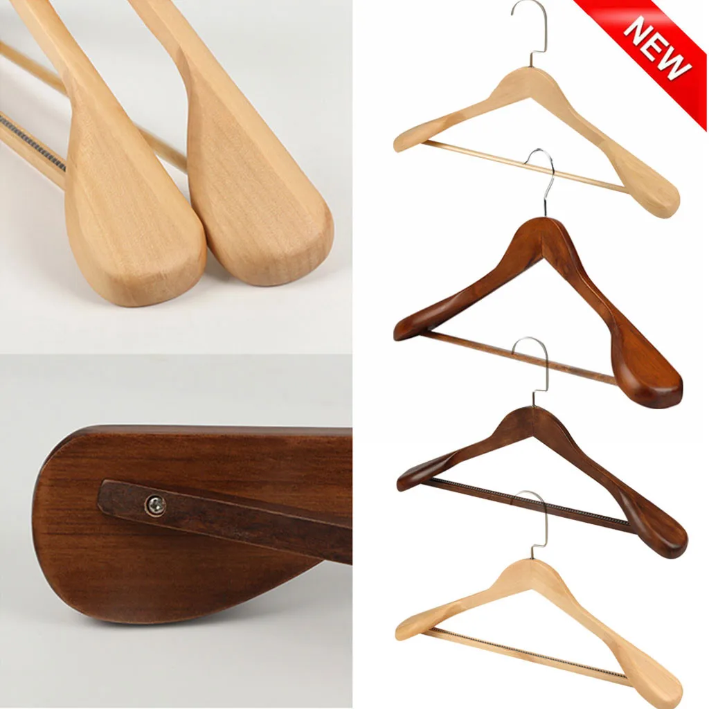 1PC High-Grade Wide Shoulder Wooden Coat Hangers - Solid Wood Suit Hotel Hanger Closet Anti-skid Seamless Clothes Drying Rack