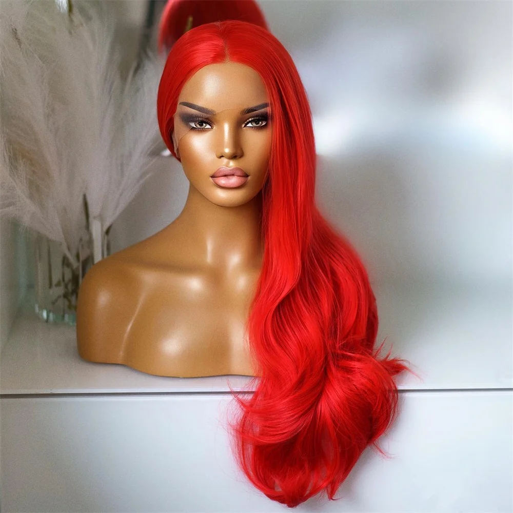 Hot Red Natural Wavy Wig Synthetic Lace Hair Long Loose Curl Lace Wigs for Women Green Wig Red Wig Ready to Wear Cosplay Frontal