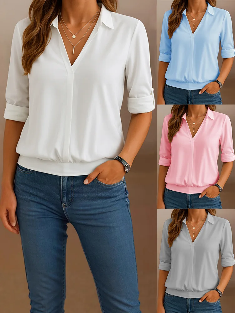 2026 Women's V Neck Collared Blouse Roll Tab Long Sleeve Elastic Hem Casual Office Solid Color Multi Color Formal Shirt