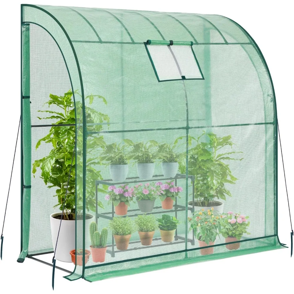 

Lean-to Greenhouse with 3-Tier Shelves Portable Wall Green House with Mesh Windows, with 2 Roll-Up Zipper Doors Greenhouses