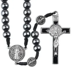 Catholic Rosary Car Ornament Black Hematite Bead Saint Benedict Medal Jesus Cross Auto Decor Automotive Decal