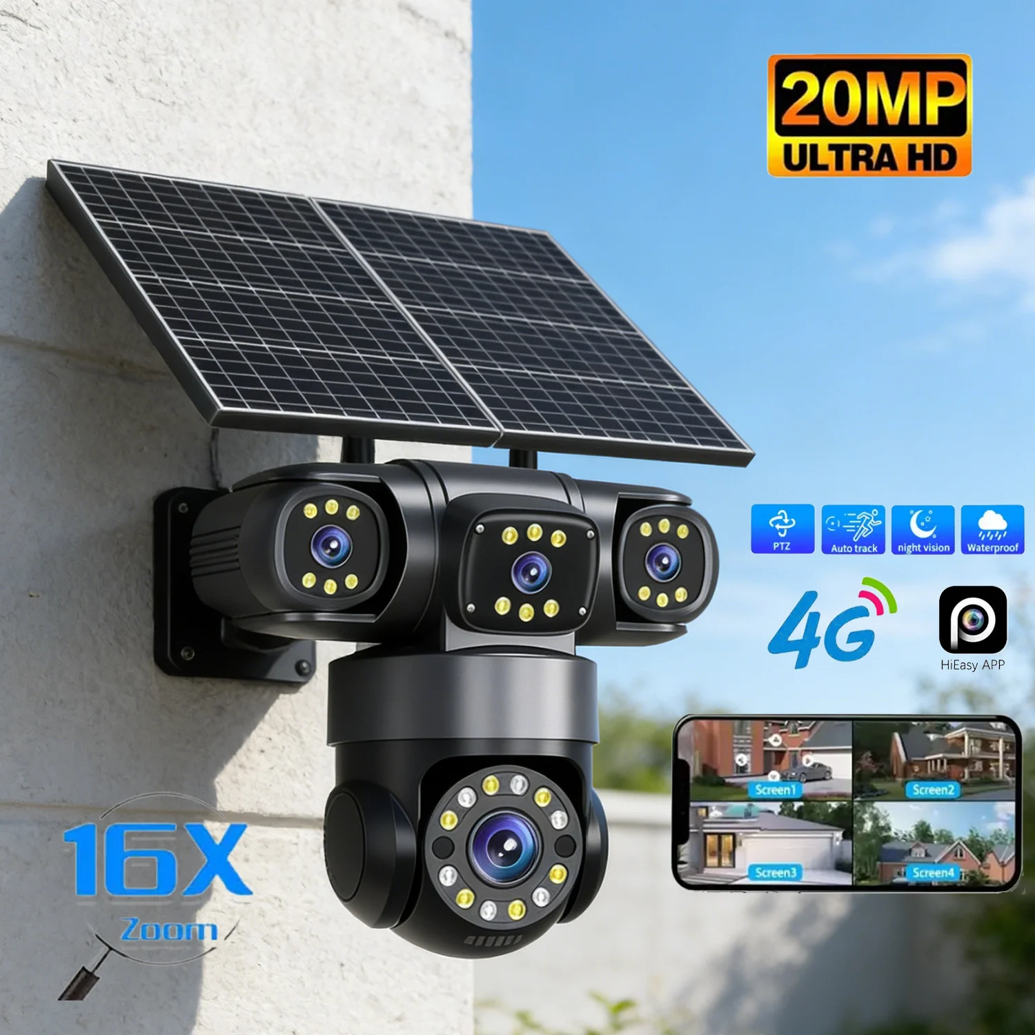 

4G Solar Security Camera 4 Lens 4 Screen PTZ Outdoor IP Cam with 10K 16X Zoom & PIR Human Detection, 360° Wireless Surveillance