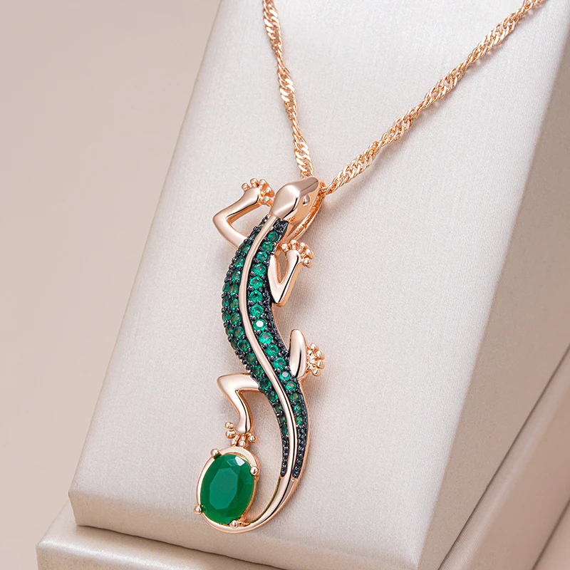 Kinel Hot Green Natural Zircon Lizard Pendant Necklace Women 585 Rose Gold and Black Plating Vintage Animal Daily Punk Jewelry