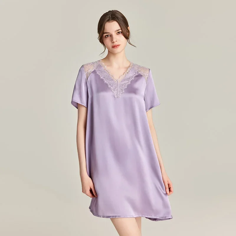 

19MM 100% natural silk Women's Nightgown Short Sleeve Sleepwear v neck Comfy Nightdress see-through lace sexy Nightshirt pajamas