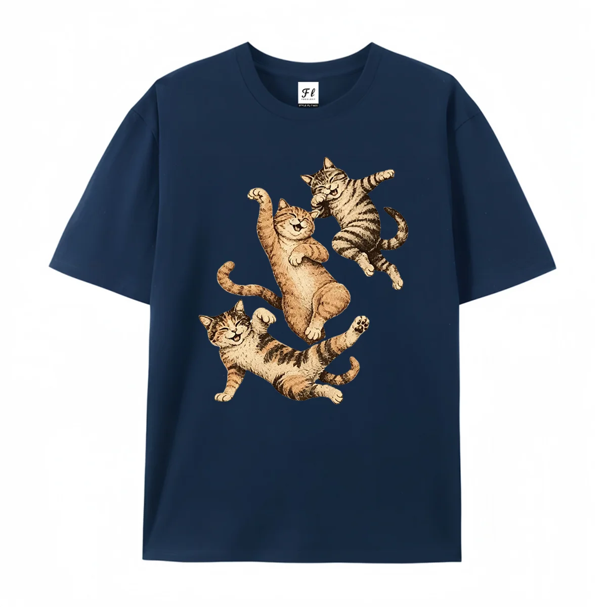 Dancing Happy Cats Graphic T‑Shirt Retro Vintage Three Playful Kittens Music Note Spark Print Cute Animal Lover Casual Shirts