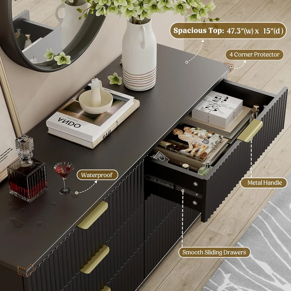 ตู้ลิ้นชักไม้ 6 ชั้น ลายร่องทันสมัย สำหรับห้องนอนและชั้นวางทีวี กว้าง 53.2 นิ้ว