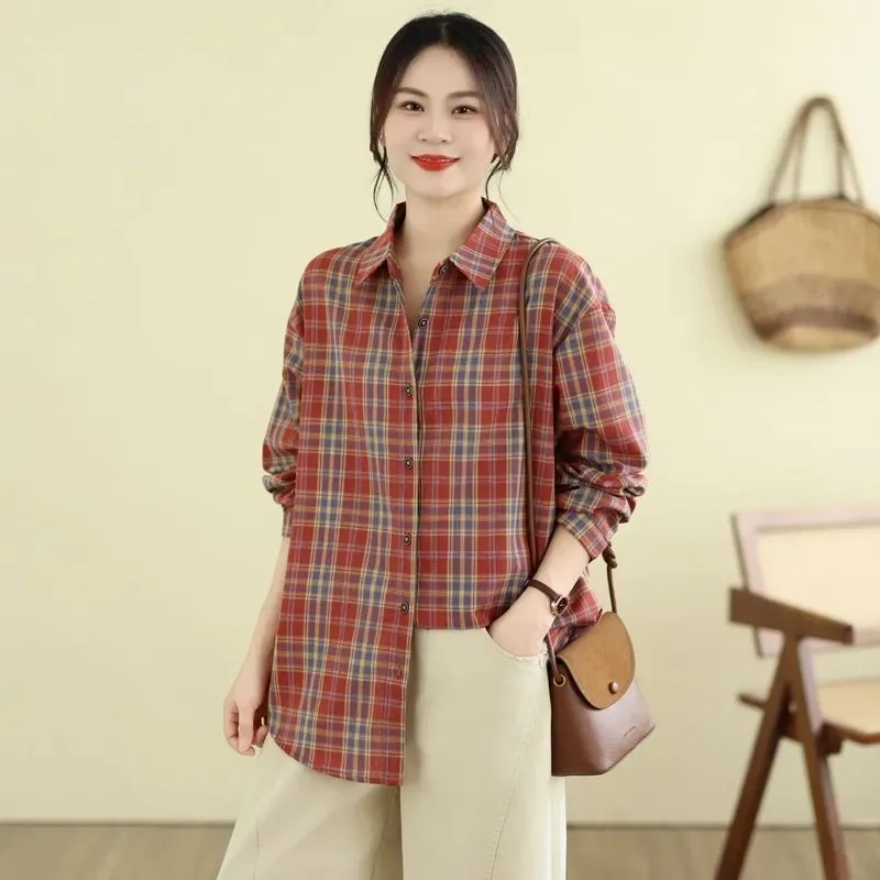 

Women's Plaid Cotton Shirt Long Sleeve Loose Plus Size Casual