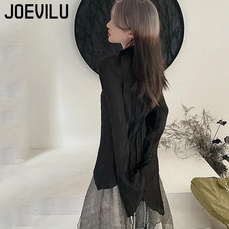 JOEVILU Yamamoto Style Black Shirt Women\'s Extended Sleeves Irregular Blouses Babes Retro Dark Aesthetic Clothes Gothic Y2k Tops