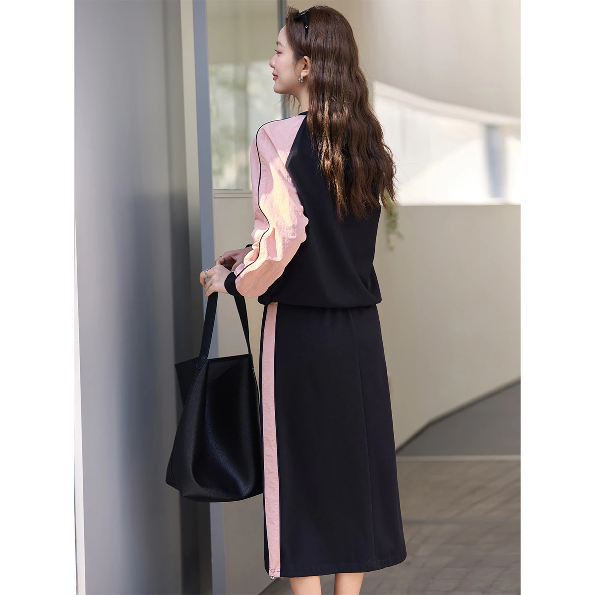 VIMLY Women’s Navy Blue Skirt Set 2026 Spring New Round Neck Raglan Sleeve Top Color Block Midi Skirt Two Piece Set Female A5035 image 2