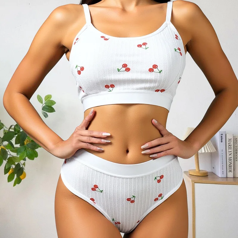 BZEL New Women's Underwear Set Breathable No Underwire Sexy Lingerie Cherry Print Sweet Bra Soft Cozy Briefs Female Panties Sale