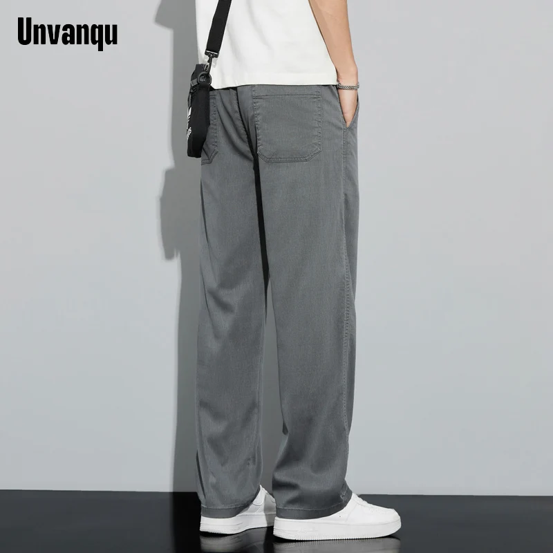 Unvanqu 2024 Spring Summer New Tencel Wide Leg Pants Men\'s Simple Versatile Casual Trousers Fashion Loose Straight Overalls Male