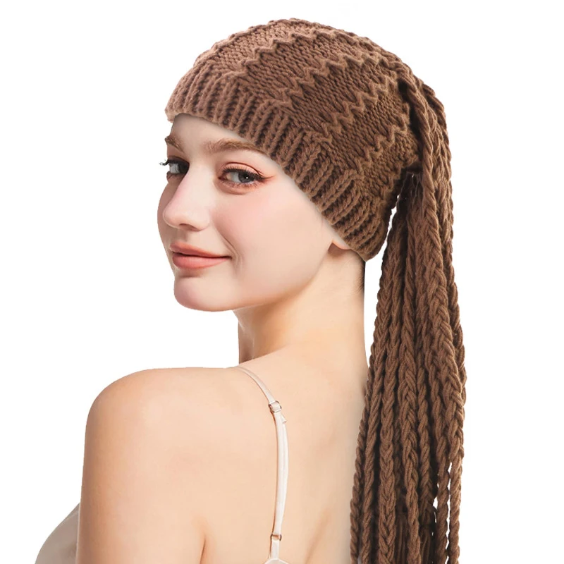Trendy Women's Handmade Crochet Winter Hat Braided Tassels Hip-Hop Elastic Warm Beanie Ear Protection Hats Halloween Funny Caps
