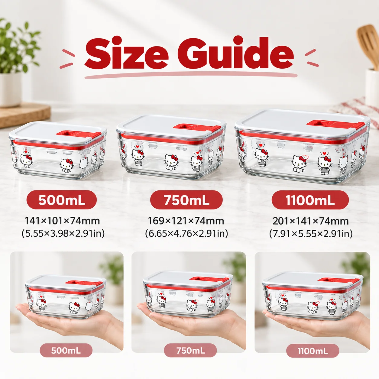 Sanrio Hello Kitty Glass Food Storage Container Bento Box  Glass Lunch Box Microwave Safe Leakproof Sealed Fresh Keeping Box
