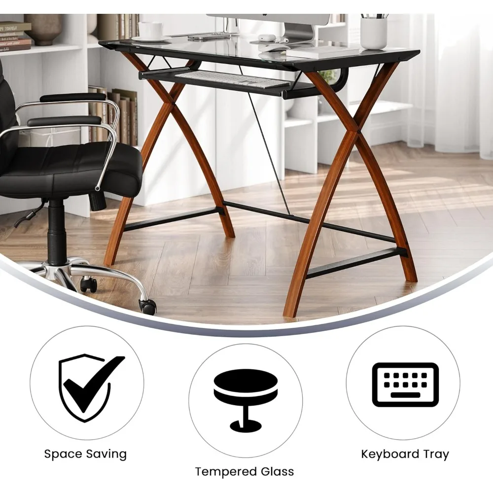 مكتب علوي زجاجي من Flash Furniture Jude مع رف لوحة مفاتيح منزلق، مكتب مكتب منزلي مدمج