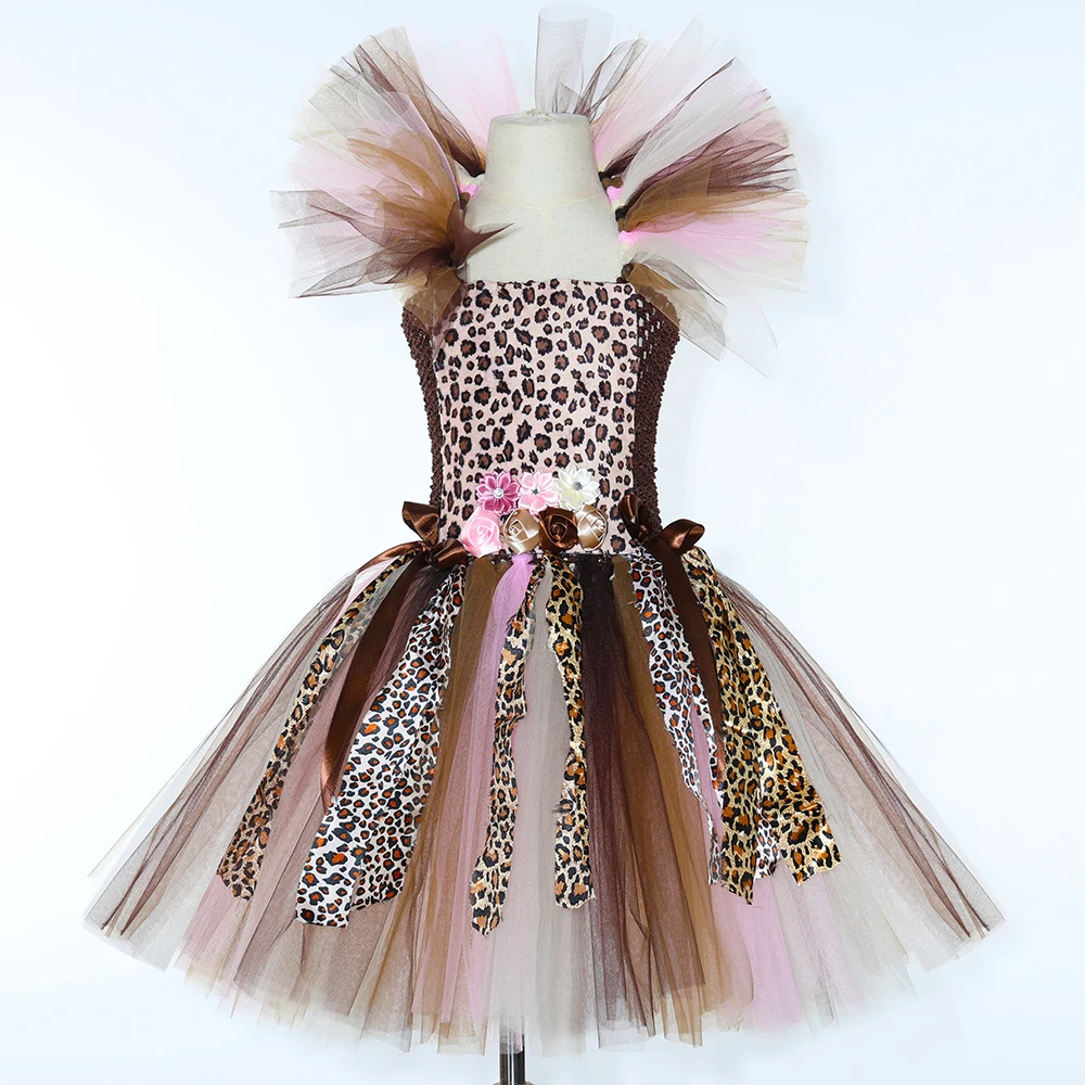 Cheetah Girls Costume Flowers Leopard Tulle Tutu Dress Kids Halloween Carnival Holiday Jungle Party Wild Animal Dress Up Outfits