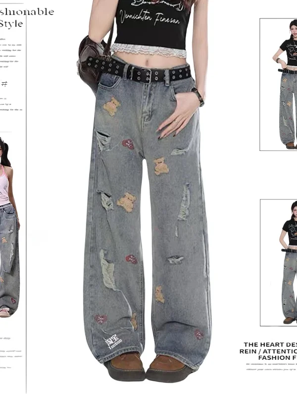 

High Waist Wide Leg Embroidered Bear Denim Jeans Women's Ripped Slim Straight Floor-Length Dream Pants Casual Wear