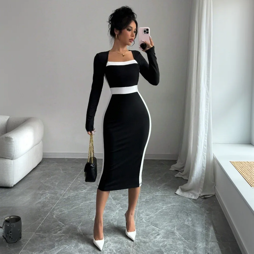 

Splicing Contrasting Color Square Neck Fashionable Mid Length Skirt New Women's Sexy Hip Hugging Long Sleeved Slim Fit Dress