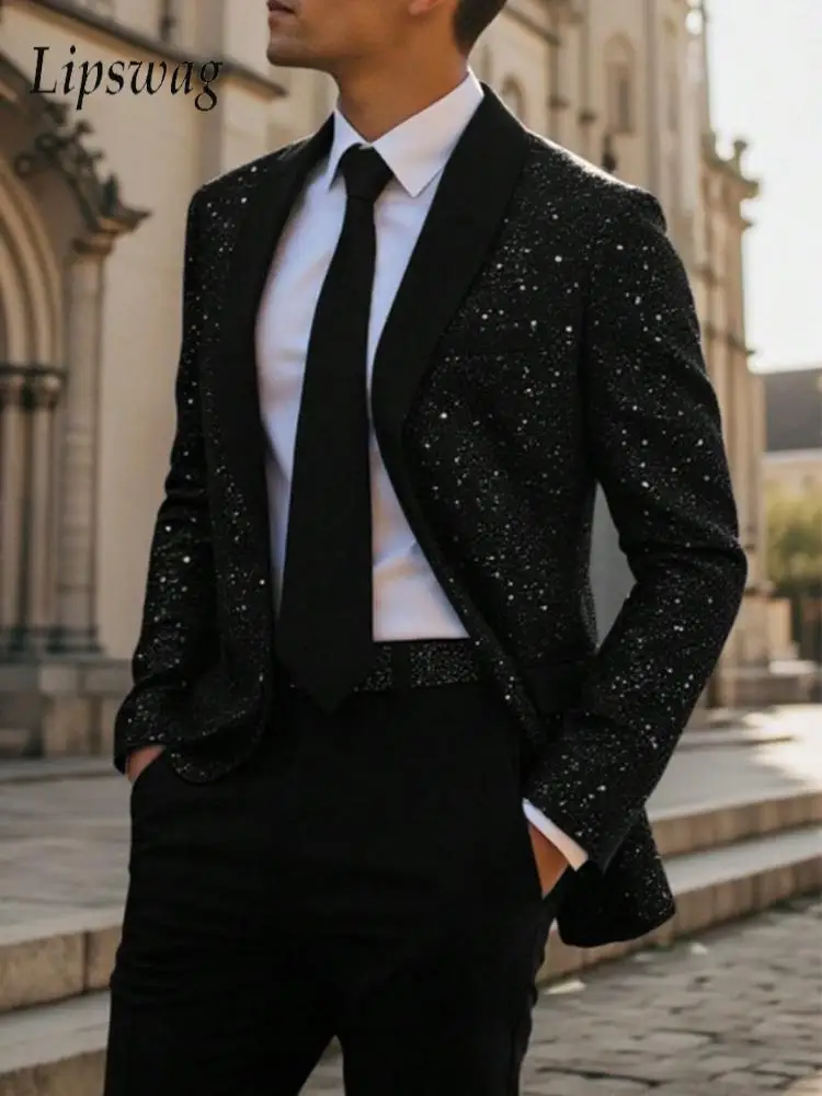 

Стильный блестящий блейзер с пайетками для мужчин, весна 2026, модный пиджак с отложным воротником, блестящий костюмный пиджак, винтажный мужской приталенный блейзер на пуговицах