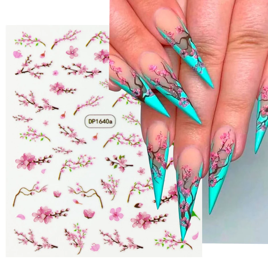 5D Pink Cherry Blossoms Sakura Nails Sticker Flower Vine Spring Nail Art Design Adhesive Sliders Elegant Manicure Decor Decals