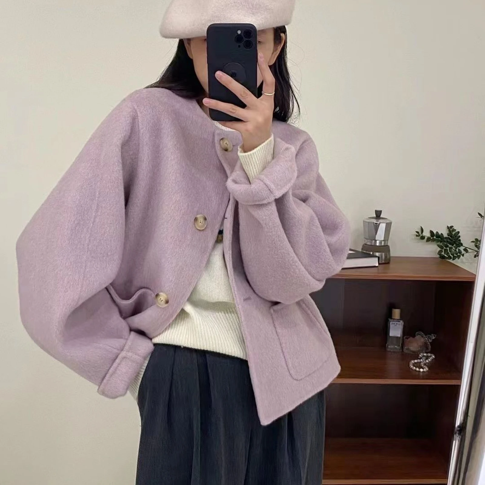 Women Jacket Stylish Woolen Jacket for Women Crew Neck Single-breasted Coat with Side Pockets Fall Winter Fashion Essential