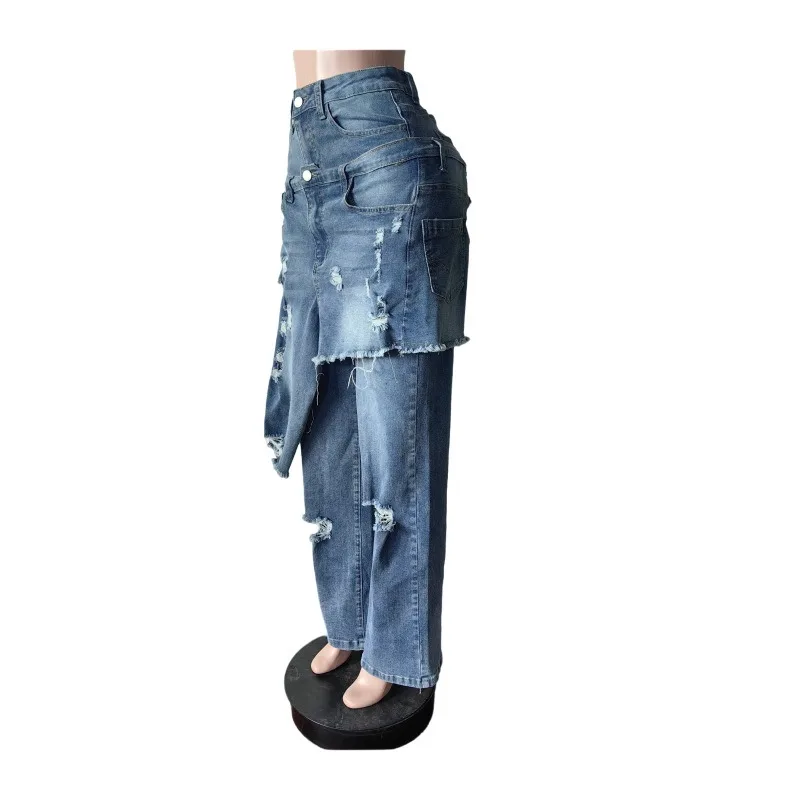 Fori Grembiule di jeans Pantaloni dritti Bottone Fly Gonna irregolare a vita alta Pantaloni jeans larghi a strati Moda donna Streetwear