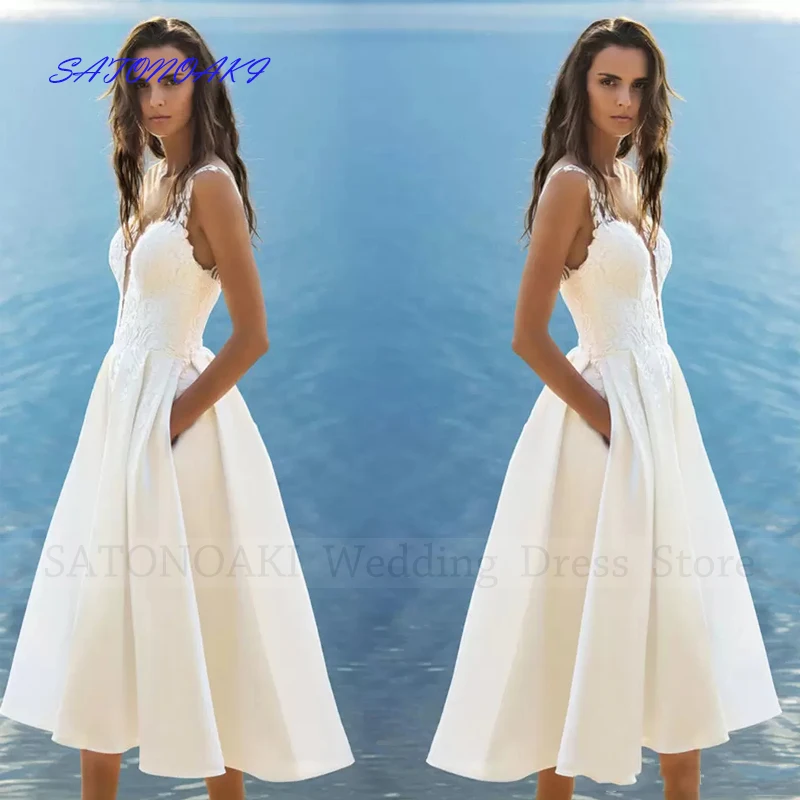 

Vestidos De Novia Elegant Beach Satin Short Wedding Dresses For Women Sleeveless Appliques Bride Gown with Pockets Robe Mariée