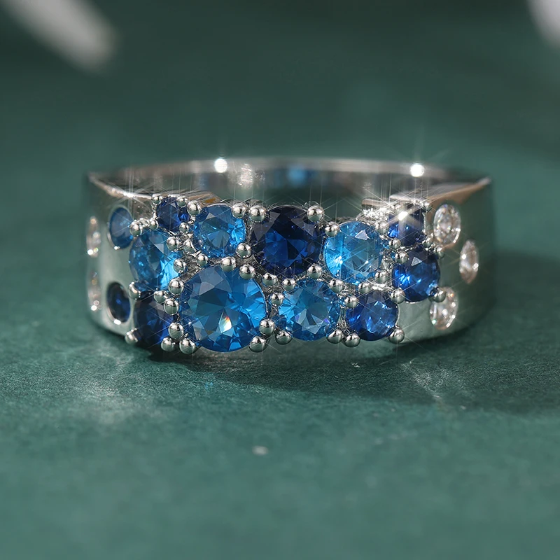 Trendiger Eingelegter Blauer CZ Damenring Silberfarben Geometrisch Tägliches Tragen Verlobungs-Party-Geschenk Schmuck – Detail 1