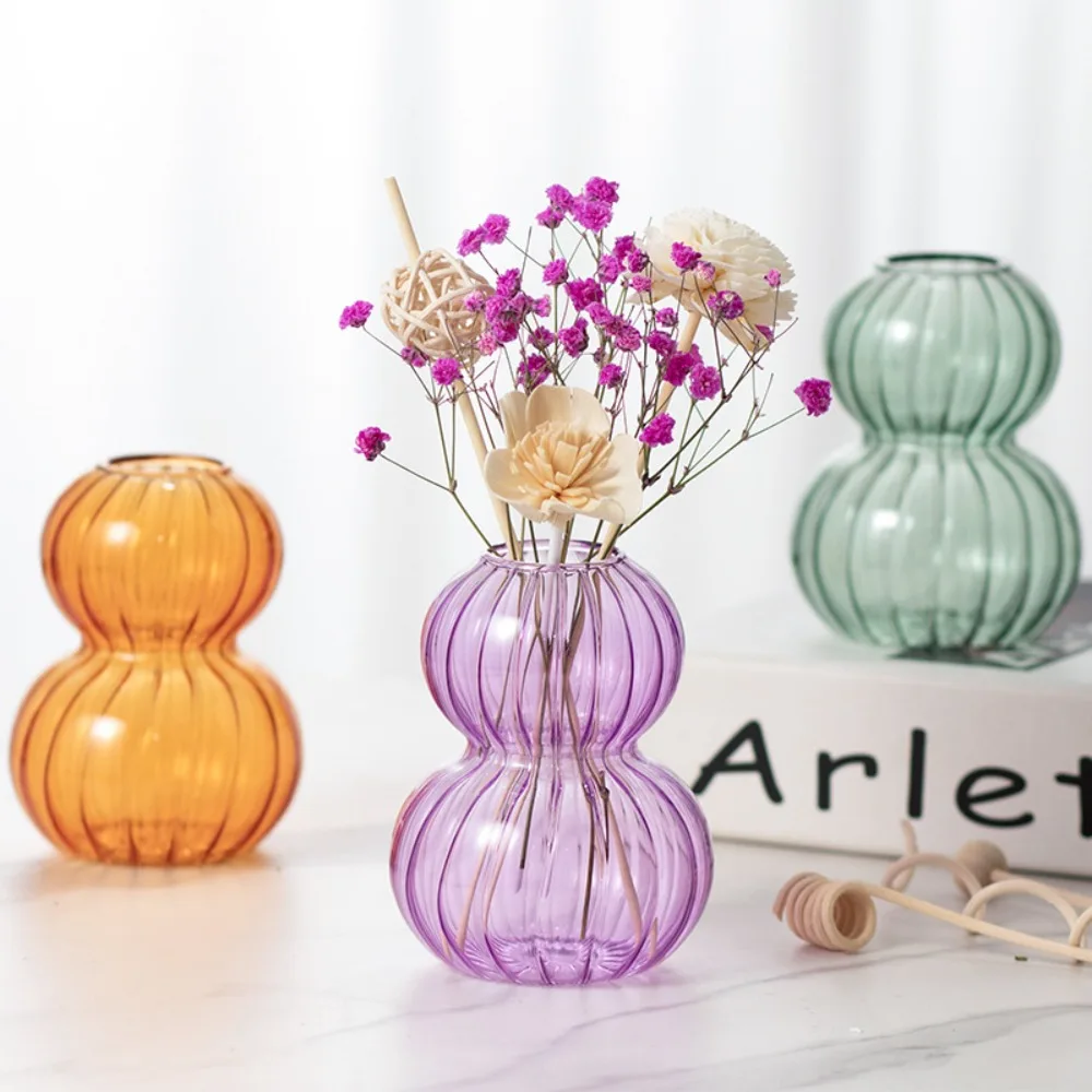 Nordic Style Vertical Striped Glass Gourd Shaped Transparent Glass Vase Desktop Home Office Decoration Housewarming Gift