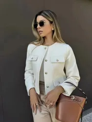 HH Women Elegant Cropped Jacket 2024 Women's Fashion Jacket O-Neck Long Sleeved Flip Pocket Coat Female Casual Outwear Tops